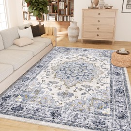 CAPALOCA Machine Washable 8x10 Area Rugs for Living Room Vintage Rugs Carpet Rugs Non Slip Low Pile Water Repellent Soft Distressed for Bedroom Indoor Decor Polyester Rug Bluewhite
