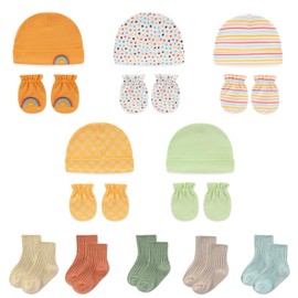falianni Baby Boy Girl Cotton Hat Mitten Sock Set 15 Pack Infant Essential Accessories for 0-6 Months Orange