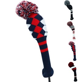 Golf Head Covers Knitted Woods Driver Fairway Hybrid Pom Pom Cover Washable Soft Kint Headcover 1 3 5 for Men Women Kids Sold in Separate (Navy Blue&Red Argyle, 5 Hybrid)