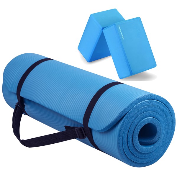 BalanceFrom All Purpose 1/2-Inch Extra Thick High Density Anti-Tear Exercise Yoga Mat with Carrying Strap and Yoga Blocks, Blue
