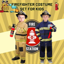 deAO Fireman Costume, Fireman Outfit for 3 4 5 6 7 8 Year Old, Boys Girls Fireman Outfit for 90cm~110cm, Fireman Set for Kids with Dress Up Set with Gloves, Helmet, Hose and Toolbox (BROWN, 90~100CM)