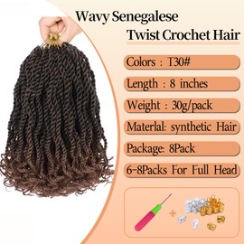 QIDESHENG 8 Inch Wavy Senegalese Twist Crochet Hair, 8 Packs Pre-Looped Short Afro Twist Crochet Braid Hair Extensions with Curly Ends, Synthetic Small Havana Twist for Black Women (TB/30, 8 Inches)