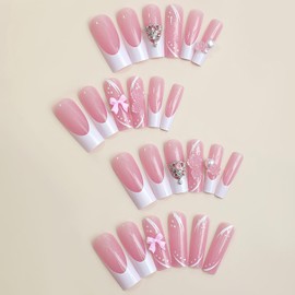 White Camellia False Nails - Pink Bow Tie & Love Heart Pearl Design - Artificial Acrylic Full Cover Coffin Nails - Glue On - 24 Pcs