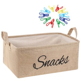 Newtay 17 Pcs Snack Storage Bin Sets, Burlap Storage Basket for Pantry with 16 Pcs 2 Inch Chip Clips, Kitchen Organization, Snack Organizer for Home, Chips, Popcorn, Candy, Pretzels