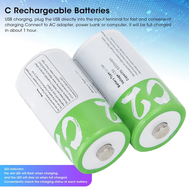 2Pcs C Rechargeable Batteries USB Port 5000wmh 1.5V High Capacity
