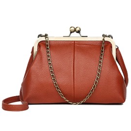 Women Small Vintage Chains Handbag - Pu Leather Kiss Lock Purse(Brown)