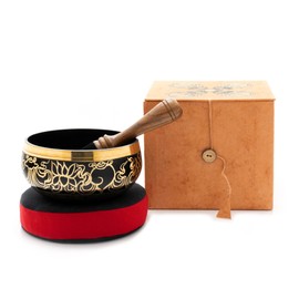 Black Cast Singing Bowl in Brown Gift Box with Double Dorje Print Including Black Red Cushion and Wooden / Leather Striker -5058-L-