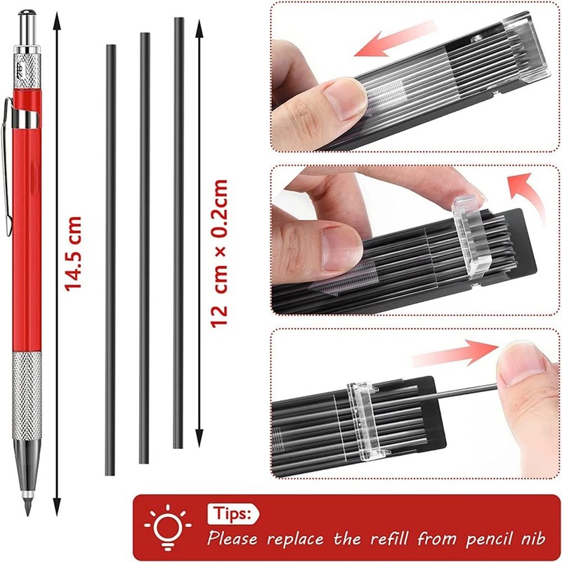 Welders Pencil, Mechanical Metal Marker Silver Pen with Built-in Sharpener