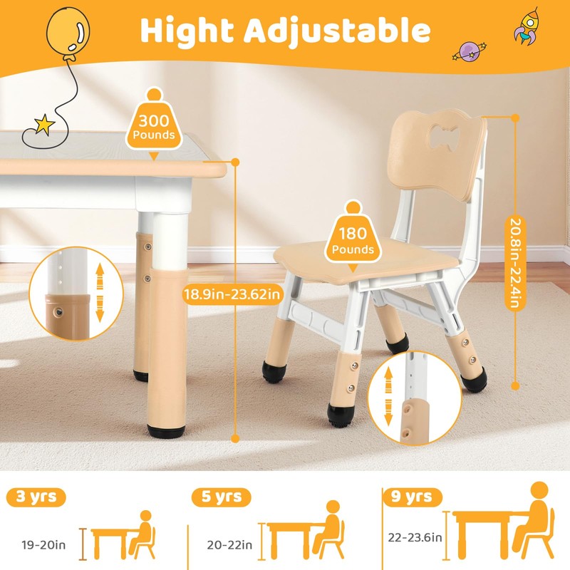 Arlopu Kids Table and Chairs, Height Adjustable Toddler Table and