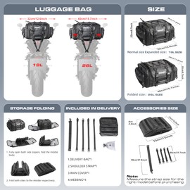 HUNTVP 19-26L Motorcycle Seat Bag Motorcycle Tail Bag Shoulder Bag Travel Luggage Bags Motorbike Rear Tack Truck Bag Storage Bags with Rain Cover (Black19-26L)