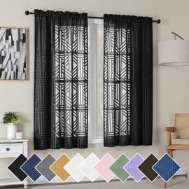 Simplebrand Black Semi Sheer Curtains 63 Inch Length 2 Panels, Light Filtering Geometric Jacquard Clip Textured Short Sheer Curtains for Bedroom，Modern Elegant Window Curtains Drapes，42x63 inch