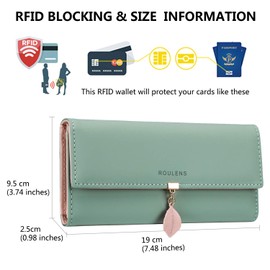 Roulens Ladies Purse, RFID Blocking PU Leather Wallet for Women Leaf Pendant Zipper Coin Long Purse with Multiple Card Slots and Roomy Compartment