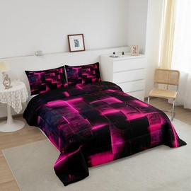 Hot Pink Black Bedding Queen 3D Glowing Buffalo Queen Comforter Set Modern Abstract Art Bedding Comforter Sets Geometric Plaid Duvet Insert, Gradient Futuristic Cubes Down Comforter (Black Reversible)