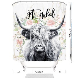 DOMOKU Highland Cow Shower Curtain Get Naked Shower Curtain Funny Cute Farmhouse Bull Floral Bathroom Curtain Polyester Fabric Waterproof with 12Hooks,72x72 inch