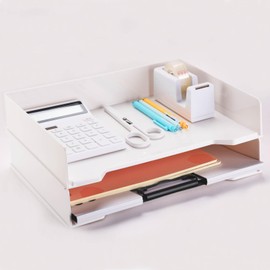 2 Tier Stackable Letter Tray, Desktop Paper Tray File Organizer, PET Office Paper Sorter Tray, Stacking Support Desk File Tray for A4 Papers, Documents, Magazines, Books (White)