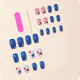 4th of July Press on Nails Short,Independence Day Fake Nails Red Blue Star Stripe Designs False Nails American Flag Glue on Nails Patriotic Star Line Heart Dot Acrylic Nails for Women Girls 24Pcs
