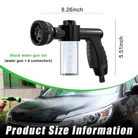 Dickno Car Wash Nozzle, High Pressure Water Garden Hose Nozzle with 8 Watering Patterns, Foam Sprayer with Soap Dispenser Bottle for Car Washing, Watering Plant (Black-4 Connectors)