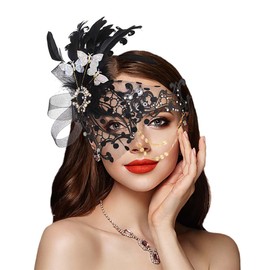 Campsis Masquerade Mask Black Masquerade Ball Mask Feather Mardi Gras Masks Venetian Prom Costume Ball Metal Eye Mask for Women and Girls