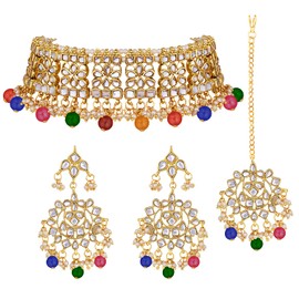 Aheli Elegant Indian Faux Kundan Studded Choker Necklace with Maang Tikka Set Ethnic Wedding Wear Fashion Jewelry Gift for Women