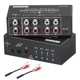 AtNeDcVh RCA 4-Way Bi-Directional Audio Switcher Splitter, 1 in 4 Out / 4 in 1 Out Stereo L/R Sound Channel Audio Switch Selector Splitter Box with Remote Control for Speakers Headphones Amps (Black)