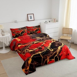Marble Print Comforter Set Full Size,Gold Marbling Geometric Stripes Bedding Set,Boys Girls Adults Room Decor,Artwork Abstract Stone Down Comforter,Red Black Bright Duvet Insert,2 Pillowcases