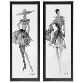 Runway Fashion Model Sketch Panel Sets by Anne Tavoletti; Two framed 6x18in Prints; Ready to hang