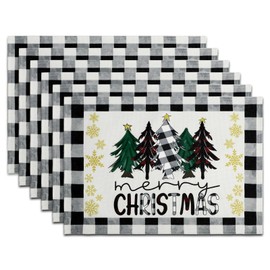 Christmas Trees Placemats Set of 6, 12x18 Inch Black and White Waterclor Buffalo Plaid Winter Dining Table Mats, Thick Woven Cotton Linen Place Mats for Holiday Decorations