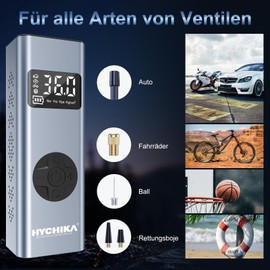 Tragbarer Luftkompressor HYCHIKA 12V 6000mAh Wiederaufladbarer Elektrischer Kompressor I50PSI luftpumpe, Fahrradpumpe mit LED-Licht und Manometer für Auto Fahrrad Motorrad Bälle, AutoOff