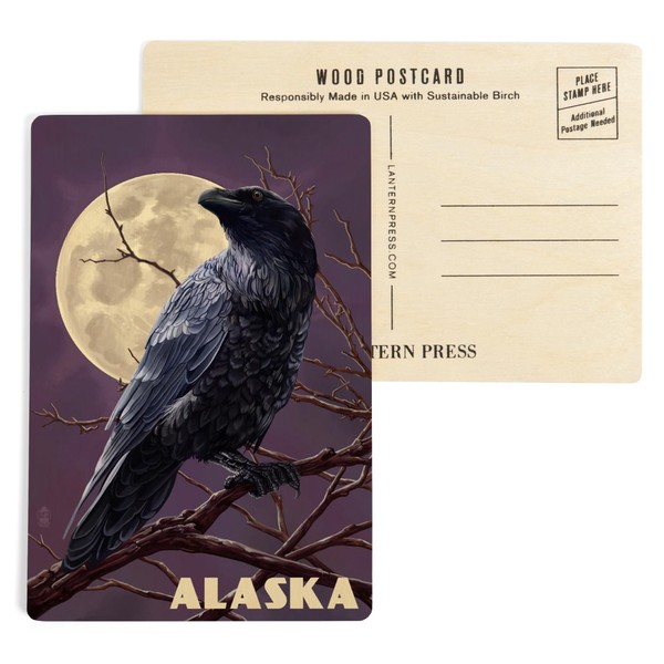 Alaska, Raven and Moon Purple Sky (4x6 Birch Wood Postcards,