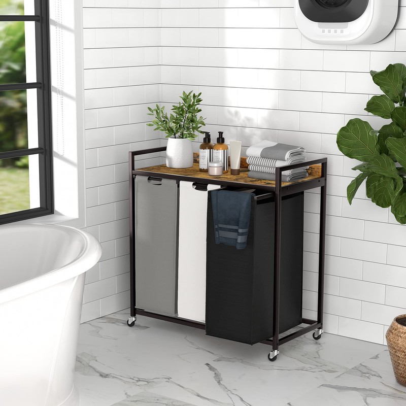 Herture Laundry Hampers with Shelf, Laundry Basket 3 Section, Laundry