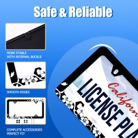 Black White Cherry Blossoms License Plate Frame Floral Flowers License Plate Stainless Steel Rust-Proof Auto Parts Colorful License Plate Cover Decorative with Screws Size 12.3" x 6.3" Men Women
