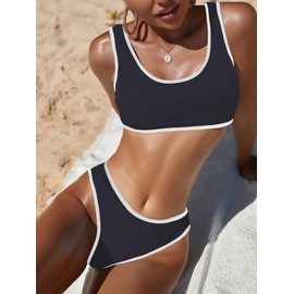 YIMISAN Women's Ribbed Two Piece Bikini Sets Wide Shoulder Strap Top Swimsuit with Mid Waist Cheeky Bathing Suit