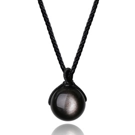 COAI Round Bead Silver Sheen Obsidian Simple Stone Pendant Necklace for Women Men