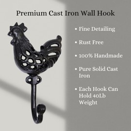Set of 3 Cast Iron Rooster Shape Coat Hooks Wall Art Decor-Rooster Shape Hangers and Key Holder-Clothes Rack and Backpack Hanger-Coat Hooks Home Decor for Storage, Living Room, Hallway, Office