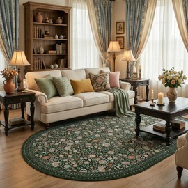 Clemile Floral Oval Rug 4x6 - Washable Ultra-Thin Living Room Rug Non-Slip Carpets - Soft & Stain Resistant Rug for Kitchen Bedroom Dining Room Indoor Nursery Dark Green