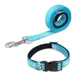 Pawhuggies Reflective Dog Collar and Leash Set, 4 FT/5 FT Mix Color Nylon Dog Leash with Heavy-Duty Steel D-Ring, Adjustable Dog Collar with Quick Release Buckle 4 Color Matching in Cyan, M