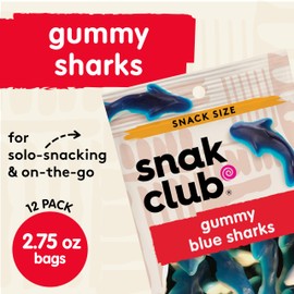 Snak Club Gummy Sharks Candy, Blue Raspberry Fruit Flavored Candy Gummies, Soft and Chewy, Fat-Free and Gluten-Free Snacks, 2.75 oz Snack Bags, 12 Pack