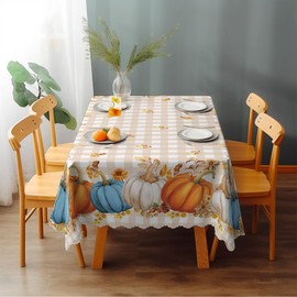 Trendcylala Fall Checkered Table Cloth, 55x70 Inch Rectangle, Orange White Blue Pumpkin Decor, Gingham Autumn Tablecloth, Thanksgiving Washable for Party Dining Table Decor