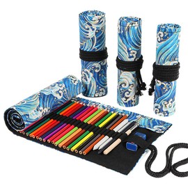 DIYOMR 24/36/72 Slots Pencil Wrap Pencil Rolls, Artist Colored Pencils Roll Up Bag Short Brushes Pouch Case Pencils Organizer for Drawing Coloring and Sketching (Blue Ocean, 24slots)