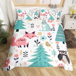 Manfei Cute Animals Duvet Cover Set Twin Size, Cartoon Fox Rabbit Owl Bird Bedding Set 2pcs for Kids Boys Girls Room Decor, Flower Trees Comforter Cover Soft Polyester Quilt Cover with 1 Pillowcase
