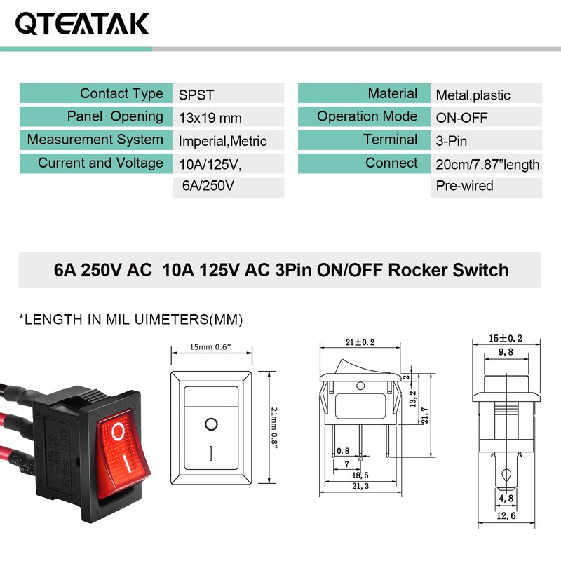 QTEATAK KCD1 On/Off 3-Pin 2-Position Snap 10A/125V, 6A/250V Red LED