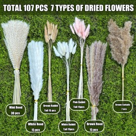 Dried Pampas Grass Decor 107 pcs Boho Home Decor 17 Inch Natural Dried Flower Bouquets, 7 Varieties Per Bouquet, Boho Style, Typically Used for Weddings, Baby Showers, Homes, Rustic Parties and More