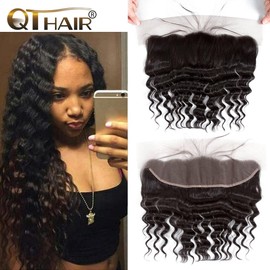QTHAIR 12A Ear To Ear 13x4 Loose Deep Wave Frontal Closure Peruvian Hair(10",Natural Black) Peruvian Loose Deep Wave Frontal Closure Top Swiss Lace Frontal Closure With Baby Hair
