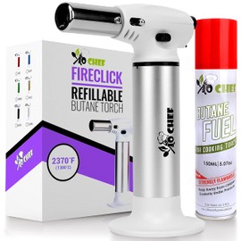 Jo Chef FireClick Creme Brulee Torch – 2,370°F Food Torch with Safety Switch, One-Hand Use, Refillable Adjustable Flame Lighter with Safety Lock for BBQ, Baking, Brulee Creme – 1 Butane Can Included