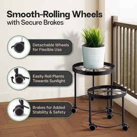 US Original Indoor Plant Stand with Wheels, (2 Sizes) Metal Rolling Flower Pot Risers for Potted Plants (12" & 10" Diameter)
