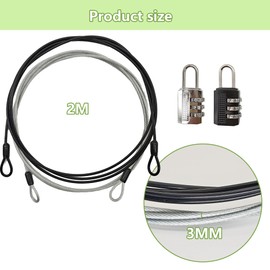 LIANCHEN 2 Pieces 3 mm Anti-Theft Security Cable with Lock, Safety Cable Braided Loop Cable, Sport Safety Loop Steel Cable with Loop, Length: 2 m (Silver + Black, 3 mm)