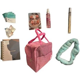 Kit de Autocuidado y descanso para Mujer: 1 Bruma Aromática de Noche, 1 Agua de Rosas, 1 Mascarilla Facial, 5 Té Relajante, 1 Diadema Suave, 4 Toallitas Mágicas, 1 Cuaderno Pocket y 1 Estuche Rosa Tipo Lonchera