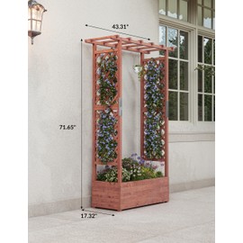 Wooden Elevated Garden Planter with Trellis - Planter Box with Side Supports, Canopy & Drainage Holes - Ideal for Climbing Vines, Flowers & Plants, 43"x17"x72"