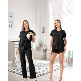 Rnxrbb 3 Piece Postpartum Nursing Pajamas Set Double Layer Maternity Breastfeeding Pjs Sleepwear for Women,Black S