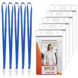 5 x ID Card Holder with Strap, Waterproof ID Card Holder, Transparent ID Sleeves with Lanyard, ID Card Holder, Plastic Vertical for Business Exhibition Cards (Blue)